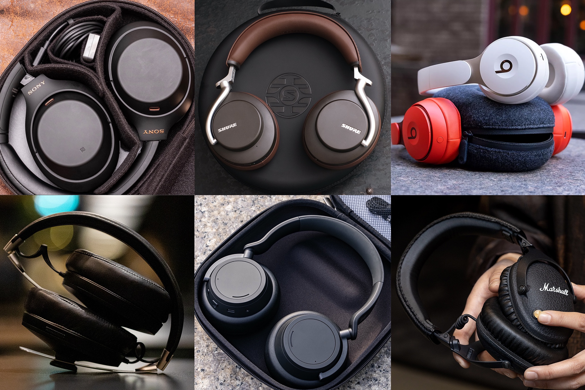 A photo collage of six noise-canceling headphones