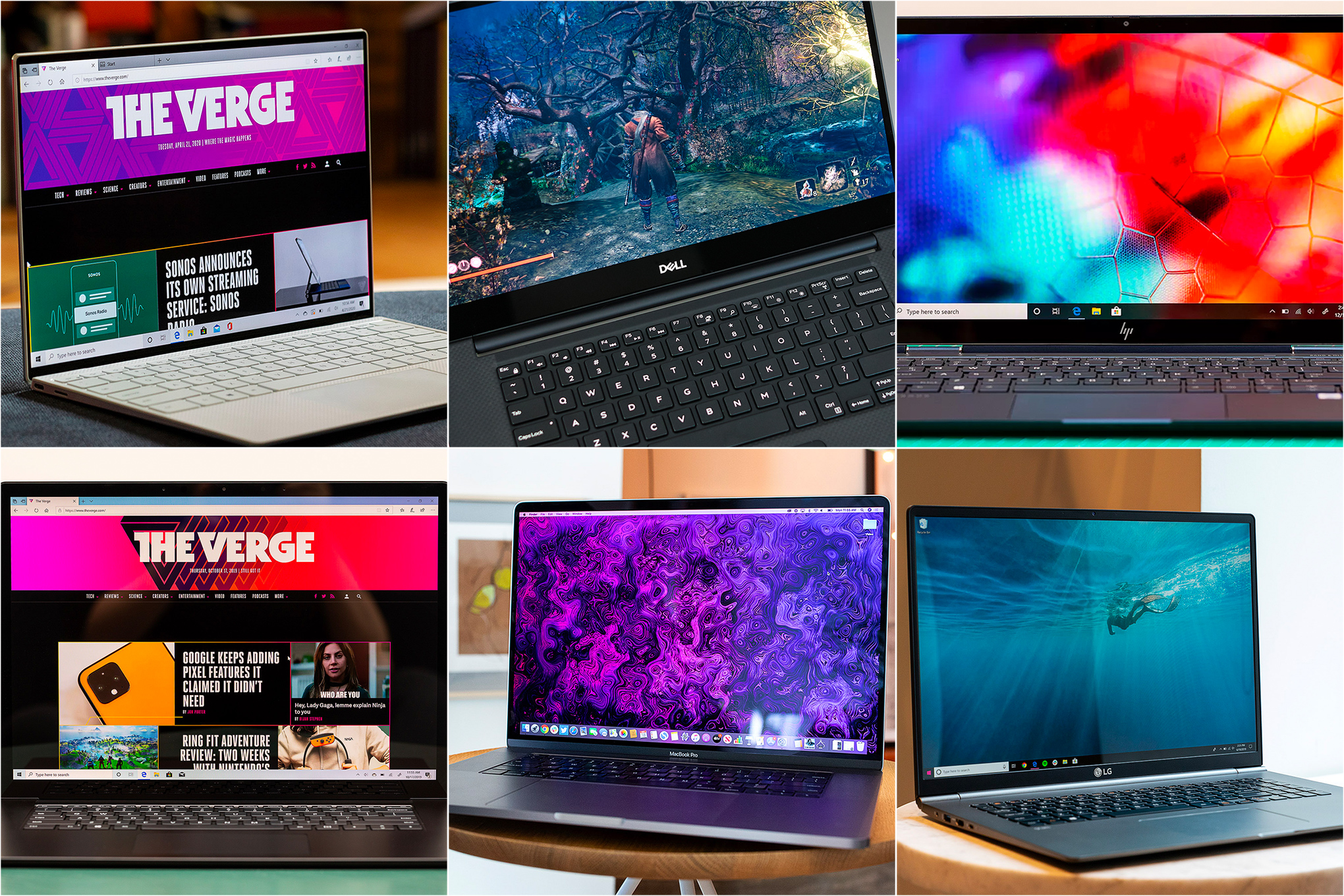 The Dell XPS 13, Dell XPS 15, HP Elite Dragonfly, Surface Laptop 3, MacBook Pro, and Lenovo Yoga C740. 