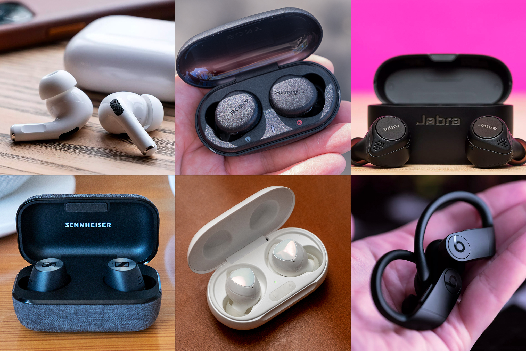 A composite image of the Apple AirPods Pro, Sony WF-XB700, Jabra Elite 75t, Sennheiser True Momentum Wireless 2, Samsung Galaxy Buds Plus, and Beats Powerbeats Pro earbuds.