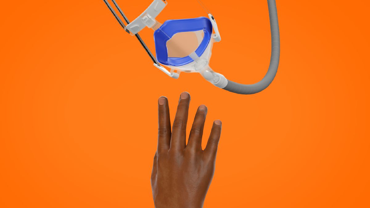 Illustration of hand reaching to grab a CPAP mask that is dangling out of reach.&nbsp;