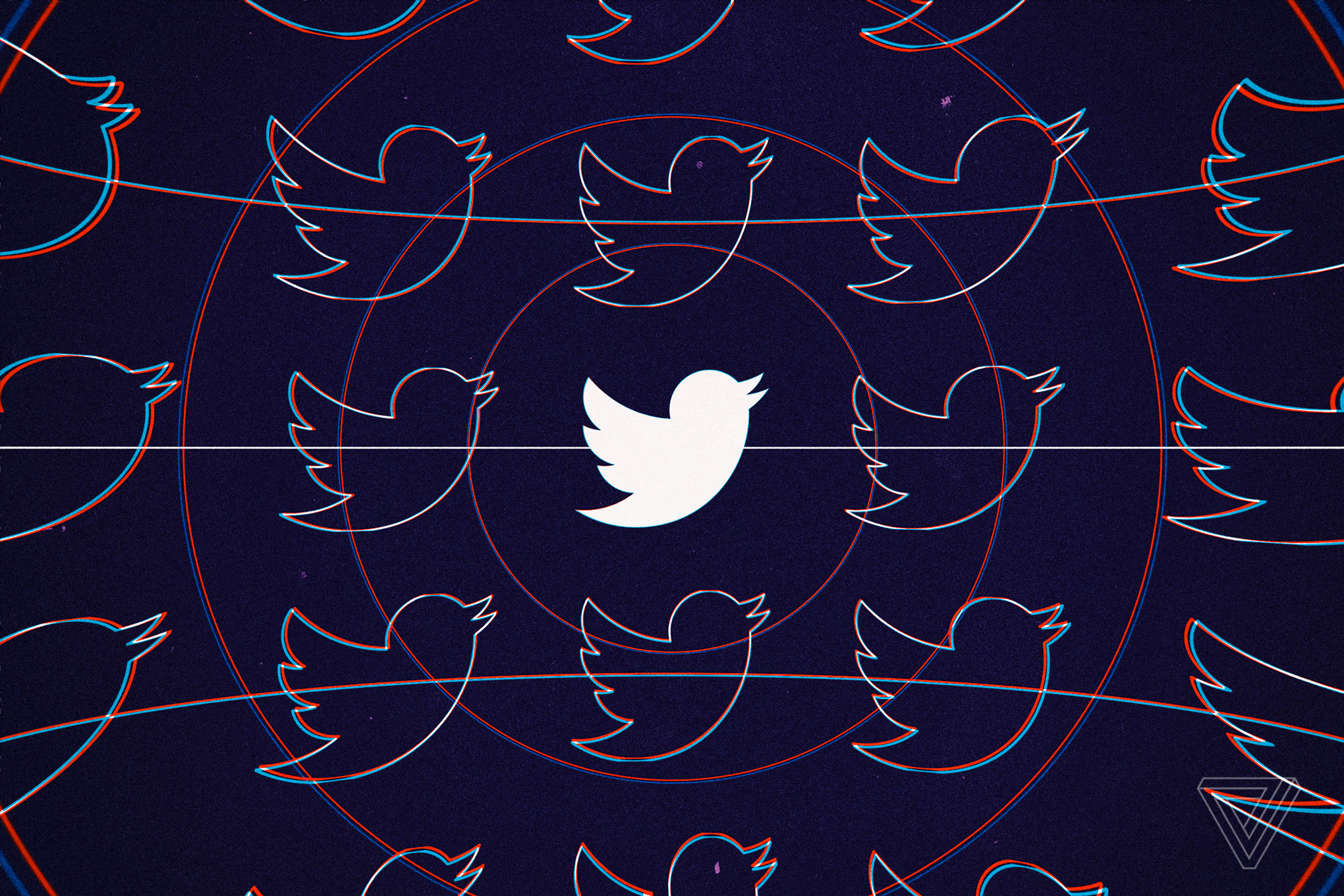 The Twitter bird logo in white against a dark background with outlined logos around it and red circles rippling out from it.