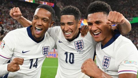 Ezri Konsa, Jude Bellingham and Ollie Watkins celebrate