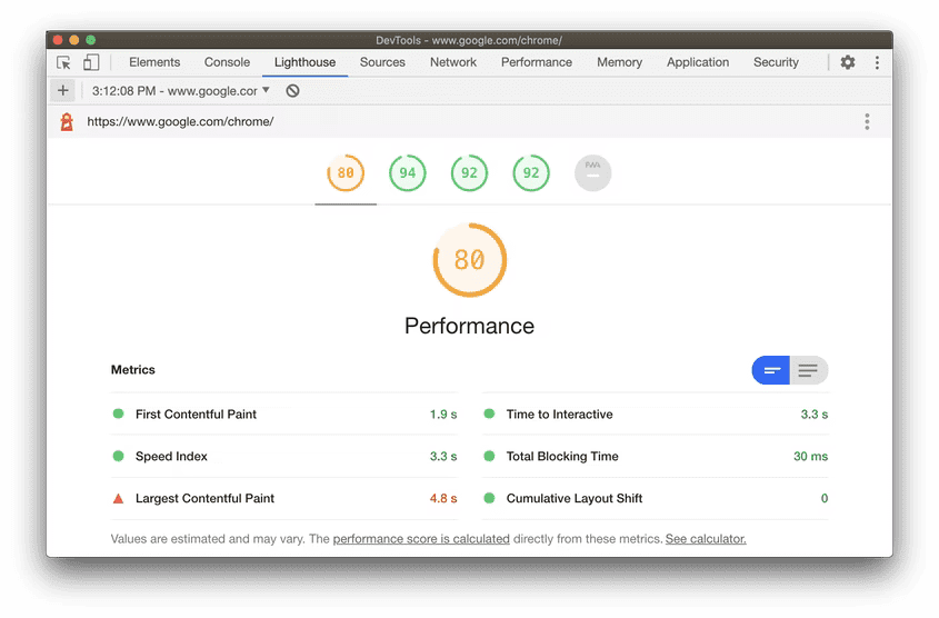 Report di Lighthouse in Chrome DevTools. Il report suddivide i punteggi in cinque categorie, con l&#39;attenzione incentrata sulla categoria &quot;Rendimento&quot;, con i risultati nella parte inferiore della finestra del report.