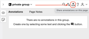 An arrow pointing to the encircled Share button at the top of the Hypothesis web app Sidebar.