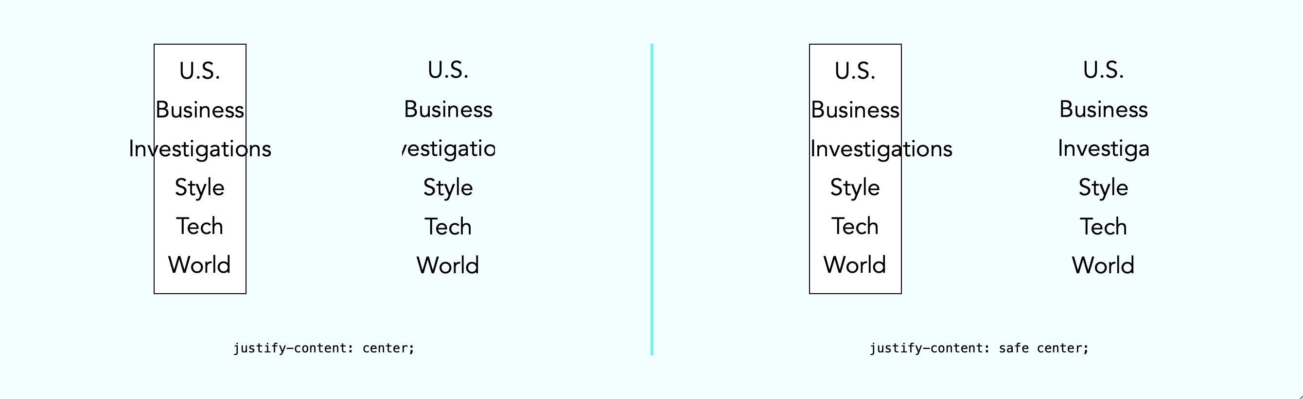 Diagram showing the difference between safe and default layout of the same menu, when the space for it is so narrow every word in on its own line, and some of the long words start to get chopped off. 