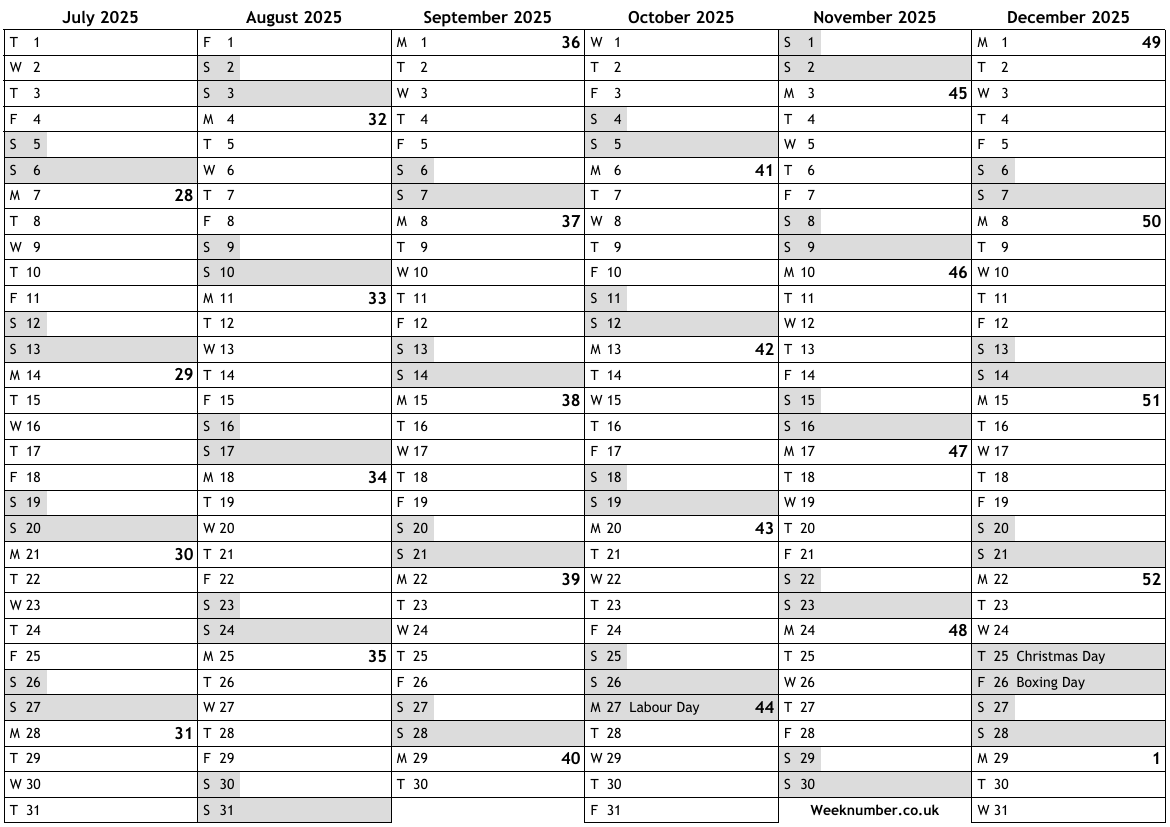 2025 calendar, 2nd half