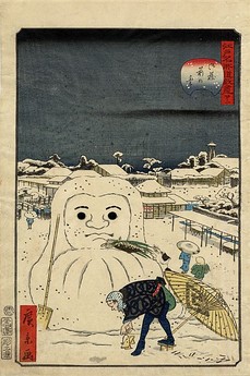 Dog stealing a workman's meal from a snow Daruma, Hirokage, c. 1855–56