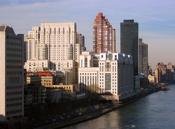 Graphic of hospital beds per 1,000 people globally in 2013, at top;[1] NewYork-Presbyterian Hospital in New York City, a hub for health care and life sciences,[2] is one of the world's busiest hospitals, below. Pictured is its Weill Cornell facility (white complex at the center).