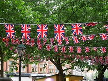 Union flag buntings in Sloane Square, May 2022