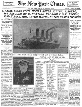 The episode references the front page of The New York Times on April 15, 1912, reporting the sinking of the RMS Titanic.