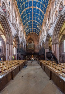 The view from the 14th-century choir looking towards the east window – one of the finest examples of Flowing Decorated tracery