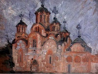 Left: Serbian traditional dance (kolo) and clothing from GnjilaneRight: Gračanica monastery painting by Nadežda Petrović.