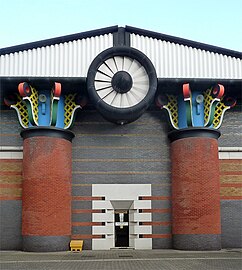 Reinterpreted Postmodern Corinthian columns of the Isle of Dogs Pumping Station, London, John Outram, 1988[31]