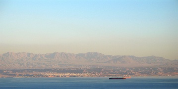 Haql on the coast of the Gulf of Aqaba between the Syrian region and Arabian and Sinai Peninsulas, with the mountains in the background