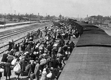 A large number of people, with their belongings, getting off a train