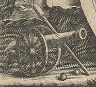 Cannon with cannon balls and cleaning rod, detail from a title page by Reinier van Persijn of the book by C. M. Anhaltin, Slot en sleutel van de groote zee-vaert met een uytschrijvinge van Oost en West, Amsterdam, 1659.