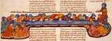 Biblia de Alba, texto sefardí, biblia hebraica traducida al romance, 1422-1433, fol. 183v: Gedeón, juez de Israel, selecciona su ejército.