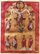 The Essen cross with large enamels with gems and large senkschmelz enamels, c. 1000. Otto II, by the Gregory Master. Apotheosis of Otto III, Liuthar Gospels. Henry II being crowned by Christ, from the Sacramentary of Henry II.