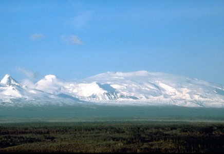 The massive shield volcano Mount Wrangell in the Wrangell Mountains.