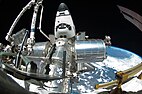 Fisheye view of several labs and the Space Shuttle