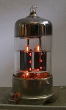 Two indirectly-heated cathodes (orange heater strip) in ECC83 dual triode tube