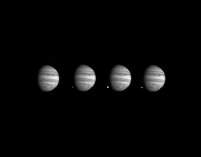 Comet Shoemaker–Levy 9 colliding with Jupiter: The sequence shows fragment W turning into a fireball on the planet's dark side