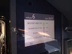 PIS screen in 2nd class higher room of the TGV Euroduplex (2N2) number 4703 train parked at the Besançon Franche-Comté TGV railway station during station's inaugural.