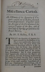 First page to volume I of Miscellanea curiosa published by the Royal Society (1705), in which Halley wrote "An estimate of the quantity of vapours raised out of the sea, derived from experiment"