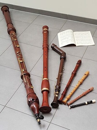 Family of neo-baroque recorders, contrabass at left