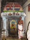 A home shrine with offerings at a regional Vishu festival (left); a priest in a temple (right)