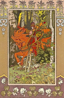 Illustration of the Russian fairy tale about Vasilisa the Beautiful, showing a rider on a horse in a forest