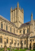 The cathedral from the south east. To the right of the central tower is the choir with the Lady Chapel projecting beyond it, and the chapter house, extreme right.