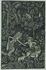 A painting taken from a traditional story, a heavenly nymph meeting a skinny farmer and a skinny carabao