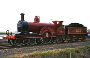 Preserved No. 673 in Midland Railway crimson lake livery at the Rocket 150 celebration in Rain­hill in May 1980.