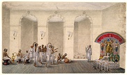 Left: Durga Puja festivities by dancers and musicians in Calcutta, circa 1830s-40s; Right: Patna style painting of Durga Puja, circa 1809.