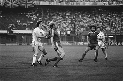 Two moments of the match, (left): Des Bremner, Dieter Hoeneß, Paul Breitner, and Kenny Swain in action; (right): Players of Aston Villa celebrating their victory