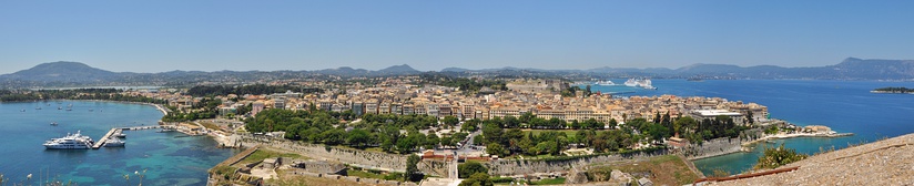  Panoramic view of parts of Old Town of Corfu as seen from Old Fortress. The Bay of Garitsa is to the left and the port of Corfu is just visible on the top right of the picture. Spianada Square is in the foreground.