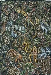 Painting from the Ramayana story, where the king Sugriva kills his opponent Subali. Ida Bagoes Togog