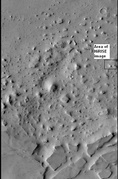 Box outlines area in next image from HiRISE. Knobs and mesas were probably formed from the erosion of deposits in an old crater.