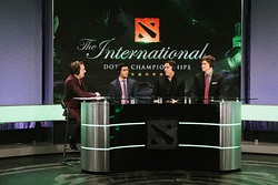 As with traditional sporting events, larger esport events, such as The International, usually feature live pre- and post-game discussion by a panel of analysts (top), with in-match casting being done by play-by-play and color commentators (bottom).