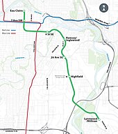 Map showing the approved revised scope for phase 1 of Green Line LRT project going from Eau Claire to Lynnwood/Millican.