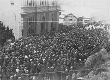 Strikes in 1912; from top to bottom: Clothing strike in Union Square (United States), 1912 Brisbane general strike (Australia), and Black Tuesday (New Zealand)