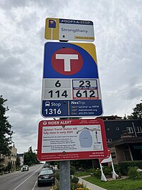 An old Metro Transit bus stop sign in downtown Saint Paul, unusually detailed for its time, showing all the routes that stop there. Newer, more detailed bus stop signs began to be introduced in 2015.[40]