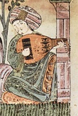 (Left-two images) Oud-family instruments painted in the Cappella Palatina in Sicily, 12th century. Roger II of Sicily employed Muslim musicians in his court, and paintings show them playing a mixture of lute-like instruments, strung with 3, 4 and five courses of strings. (Right) 13th century A.D. image of an Oud, from the 12th century work Bayâd und Riyâd, a larger instrument than those in images at the Cappella Palatina