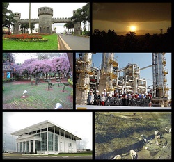 Images of the city of Paulínia: above, left, Medieval Gate; above, right, sunset near rural areas on the border with Cosmópolis; center, left, animals from the ecological park; center, right, Replan employees meeting former president Lula; below, left, the Municipal Theater; and below, right, historical image of workers opening the way for the railroad.