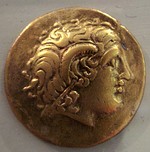 Gold coins of the Sequani Gauls, 5-1st century BC. Early Gallic coins were often inspired by Greek coinage.[2]