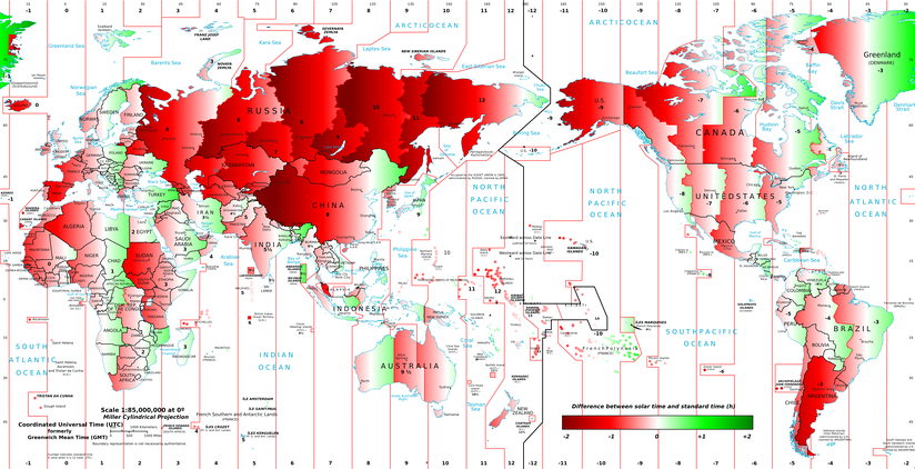  Visualización del desfase entre la hora del reloj y la hora solar en diferentes lugares. En las zonas azules, la hora del reloj va por detrás de la hora solar; en las rojas, ocurre lo contrario. Ambas están sincronizadas en las zonas blancas.