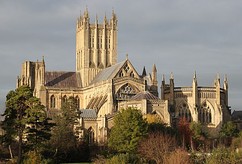 The cathedral from the south east. To the right of the central tower is the choir with the Lady Chapel projecting beyond it, and the chapter house, extreme right.