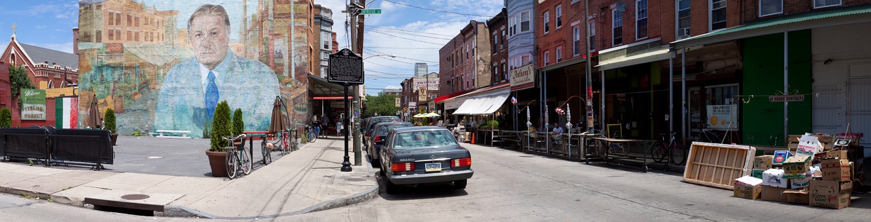  An overview of South 9th Street, which is the location for the Italian Market. Subject of mural is Frank Rizzo, former Mayor of Philadelphia, Philadelphia Police Commissioner and notable Italian-Philadelphian. The mural was painted over on June 7, 2020,[17] at the request of Mural Arts, a nonprofit that maintained the mural.