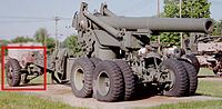 8-inch Howitzer M1 on a limber heavy carriage (limber highlighted by red box)